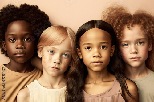 A group of smiling children of different skin tones and nationalities, pastel colors with a predominance of orange. Generative ai photo