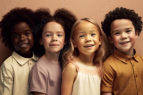 A group of smiling children of different skin tones and nationalities, pastel colors with a predominance of orange. Generative ai