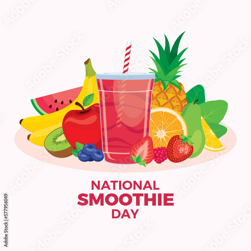 National Smoothie Day vector illustration. Fresh pink smoothie drink in a plastic cup vector. Healthy fruit juice mix icon vector. Disposable cup of juice with straw and a pile of fruits drawing