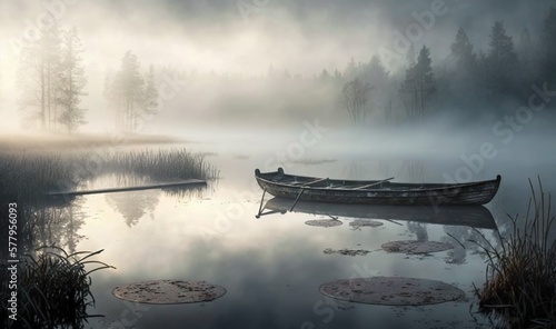  a boat floating on top of a lake surrounded by fog.  generative ai