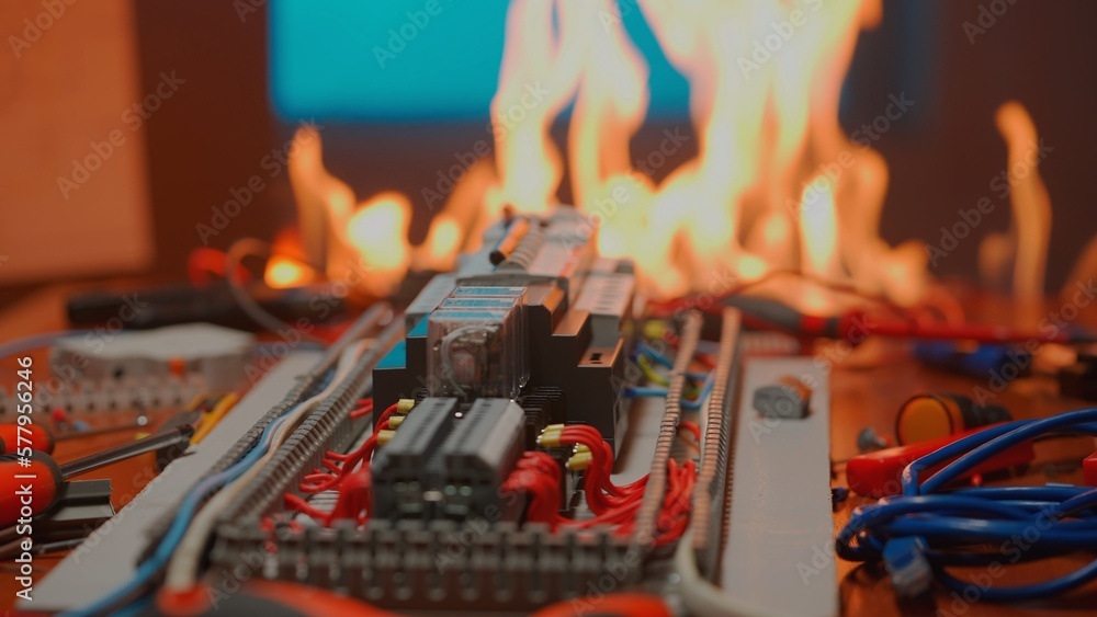 Foto de Burning switchboard from overload or short circuit. Circuit