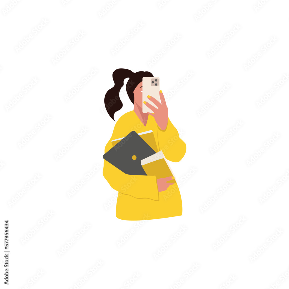 Businesswoman taking a selfie with a smartphone. Woman with mobile phone and books. Vector illustration in flat style Businesswoman taking a selfie with a smartphone. Woman with mobile phone and books. Vector illustration in flat style