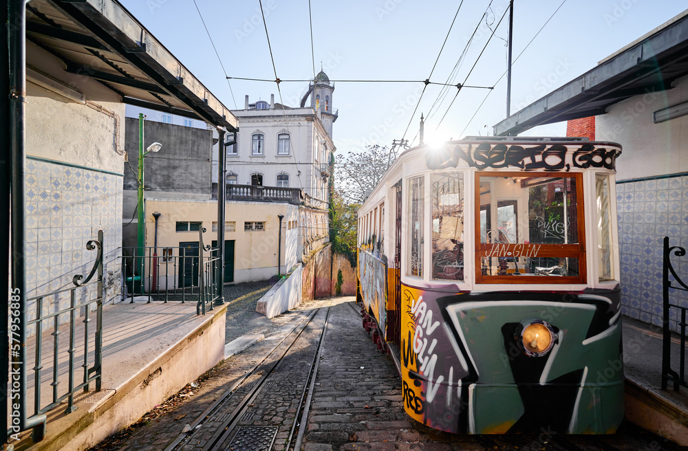 Elevador do Lavra. Travel by Portugal. Old retro tram funicular elevator train on Lisbon street.