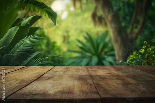 Jungle table background. Empty ready for your product display montage against the backdrop of tropical plants, palms and jungle. Generative AI