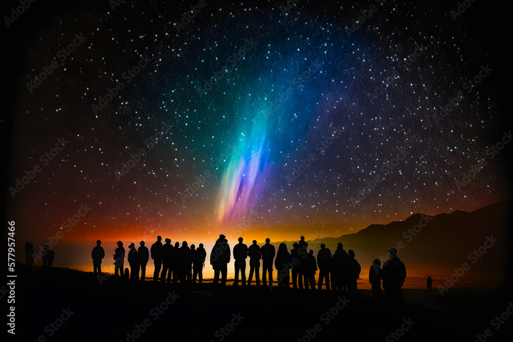 Retrograde comet with a near parabolic orbit.The dark silhouette of the crowd people. Night starry sky and comet. Summer evening sunset starry night. Astronomical observations. Generative AI Retrograde comet with a near parabolic orbit.The dark silhouette of the crowd people. Night starry sky and comet. Summer evening sunset starry night. Astronomical observations. Generative AI