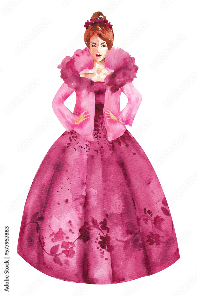 Viva magenta watercolor set. Girl in a dress with a collar on a white background Viva magenta watercolor set. Girl in a dress with a collar on a white background