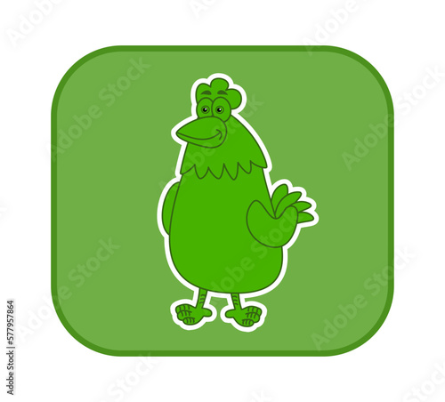Green laying hen in a rectangular panel on a white background