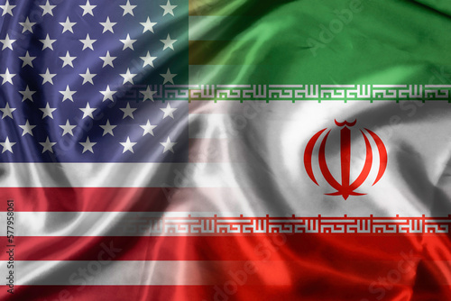 Combination USA flag and Iran flag for United state of America and Iran have politic conflict in nuclear weapons and Strait of Hormuz. photo