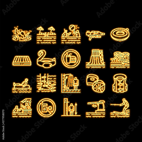 Water Park Attraction And Pool neon glow icon illustration