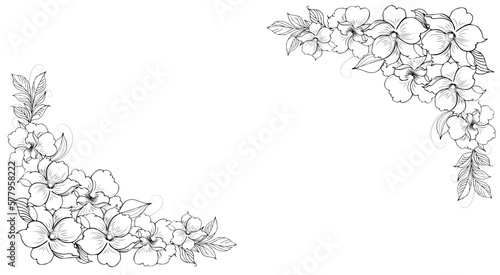 Gentle floral background from flower branches and buds, flower arrangement. Hand drawing. For stylized decor, invitations, cards, posters, flyers, backgrounds, as clipart
