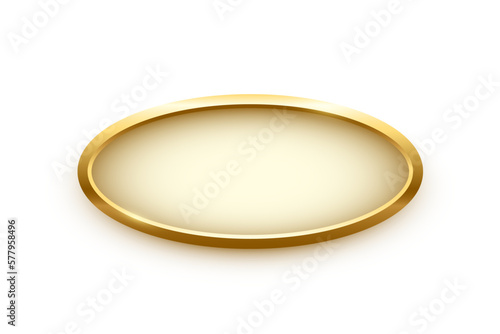 3d plate button of ellipse shape with golden frame vector illustration. Realistic isolated website element, golden glossy label for game UI, oval badge of navigation menu with light effect on border