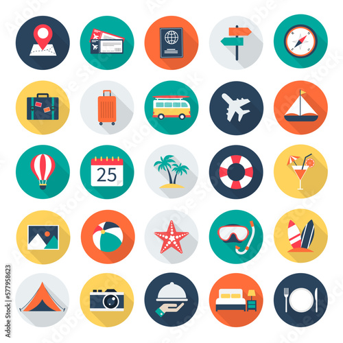 travel and tourism icon long shadow on color circle white background. holiday vacation travel symbol set. vector illustration flat design.