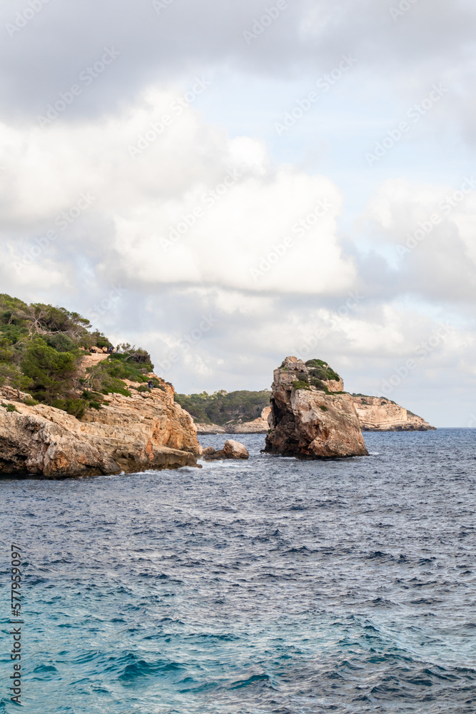 Cliffs, beaches and coves in the south of the island of Mallocar in the Balearic Islands in Spain. Mediterranean coast.