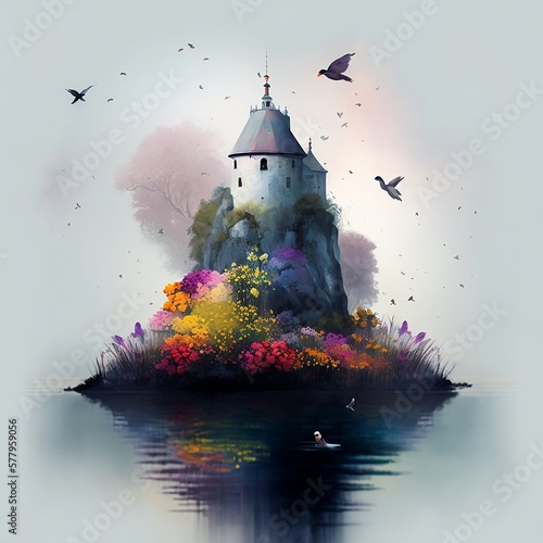 lighthouse in the middle of the sea with birds circiling photo