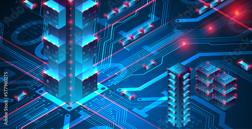 Isometric big data concept, database. Abstract technology background.