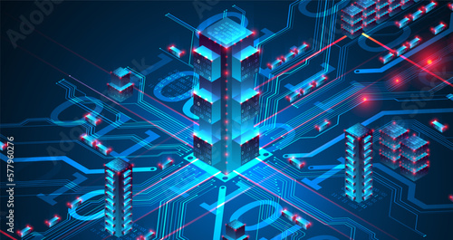 Isometric big data concept, database. Abstract technology background.