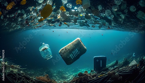 Plastic waste and trash under water in the ocean. Climate change, the concept of protecting the environment, and water resources. Generative AI.