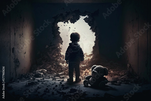 child with a plush toy in destroyed bombed city. concept no war. Generative AI