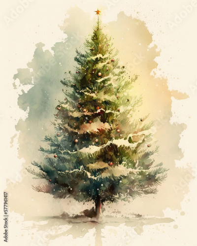 Illustration of a Christmas tree, watercolor style. Generative AI