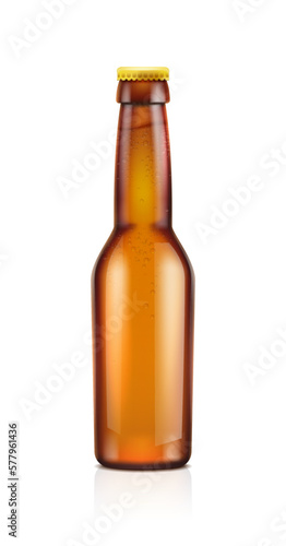 3d realistic vector icon. Brown transparent beer bottle. isolated on white background.