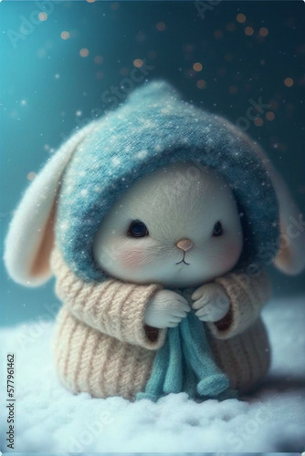 Super cute baby white fairy rabbit in the snow, Generative AI