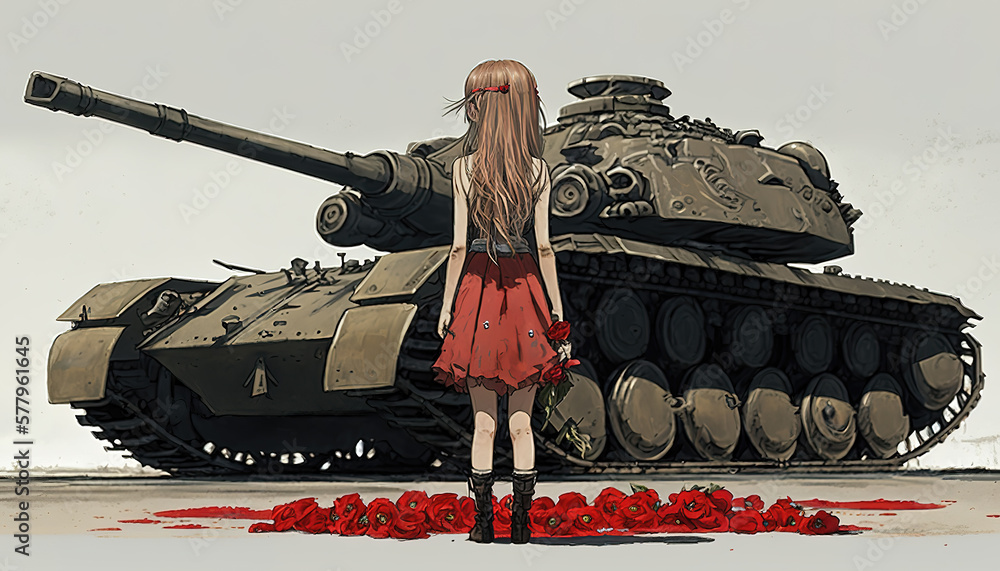 a brave young girl is standing in front of a tank, field of roses, make ...