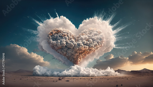 an explosive heart in a epic way, made out of clouds, generative ai technology