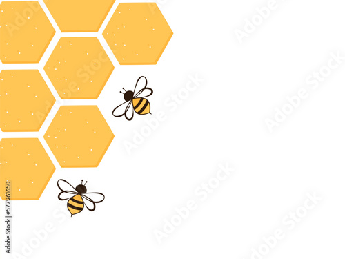 Beehive honey sign with hexagon grid cells and bee cartoons on white background vector illustration.