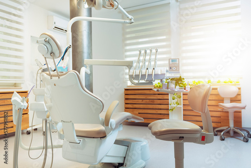 Modern dental practice. Dental chair and other accessories used by dentists