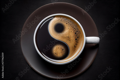 A white cup of coffee with yin-yang-shaped latte art on a black background. Flat lay. Generative AI.