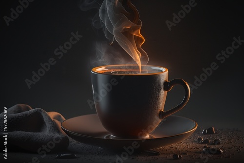 A steaming black cup of coffee on a black background. Generative AI.