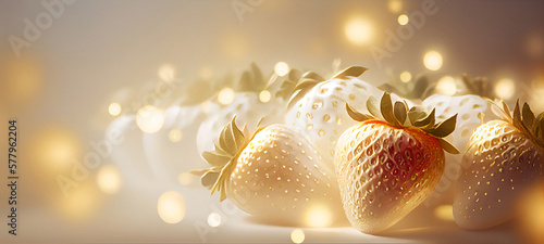 Banner with glowing luxury golden strawberries and bokeh light effect. Created with Generative AI.
