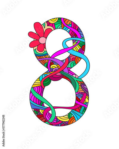 Number 8 decorated doodle pattern. Happy International Womens Day.