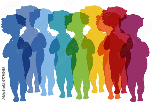 Body positive banner with colorful silhouette of plus size model. Rainbow group of people.