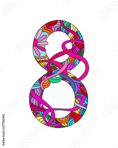 Number 8 decorated doodle pattern. Happy International Womens Day.
