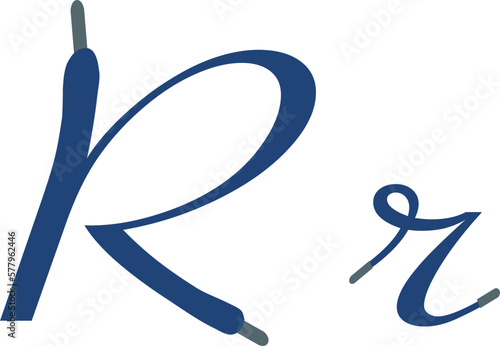 R letter. Blue Sport alphabet formed by shoe lace. Vector handwritten script font can be used for workout labels, race headlines, fitness posters, delivery cards. Alphabet fonts set.