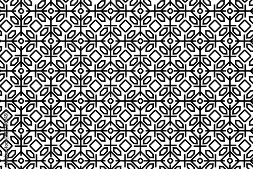 Textile pattern in black and white color. Abstract geometric floral pattern with black lines. Old fashioned arabesque motifs.