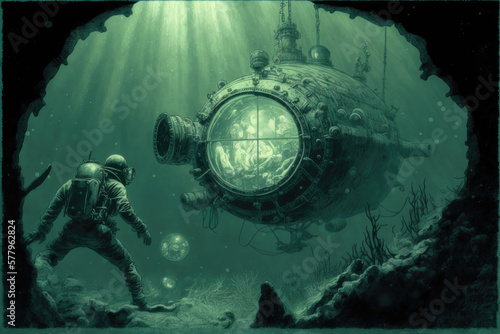 Bathyscaphe and diver under water, created with Generative AI technology.