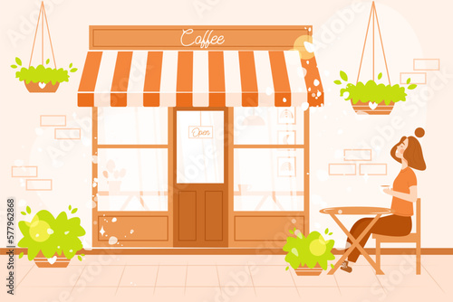 Cozy coffee shop exterior. Happy woman sitting at a table near a cafe spring or summer outside terrace and drinking coffee. Flat cartoon vector illustration