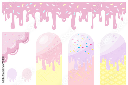 Realistic strawberry falling drops. Liquid creamy texture. Creamy liquid ice cream background with soft texture to create a sweet dessert. Vector illustration. Eps 10.