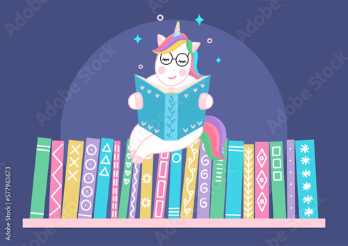 Unicorn reading book on bookshelf. Children library, bookstore, education concept.
