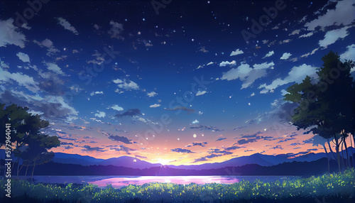 Beautiful Anime Sky Clouds Sunrise View near the Pond or Lake  Wallpaper Background Landscape. Generative Ai. © ckybe