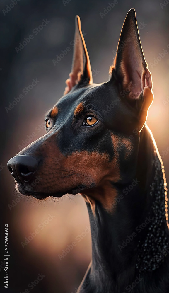 Portrait of a doberman pinscher. Beautiful pet and family photos, wallpaper, poster created with help of generative ai.