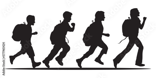 Kids running to school with bags silhouette vector.