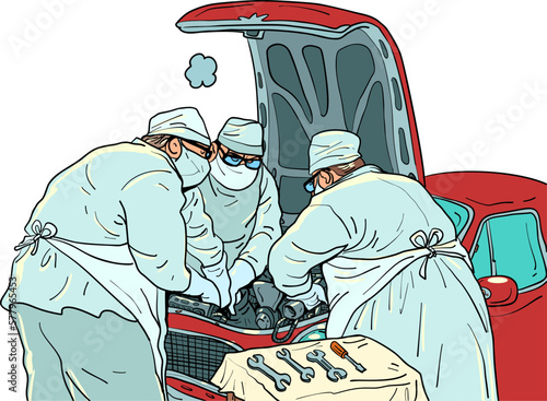 The doctors are repairing the car. auto repair shop garage High quality and serious attitude to work. Maintenance for driver safety. Car problems are no joke.