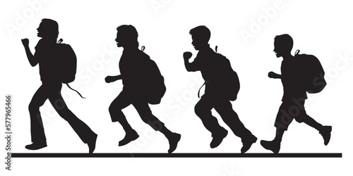 Kids running to school with bags silhouette vector.