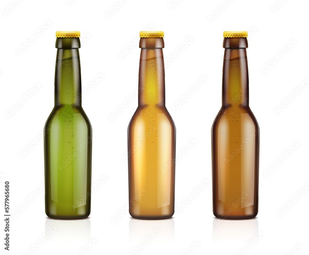 3d realistic vector icon. Set of brown, green and yellow transparent beer bottles. isolated on white background. 3d realistic vector icon. Set of brown, green and yellow transparent beer bottles. isolated on white background.