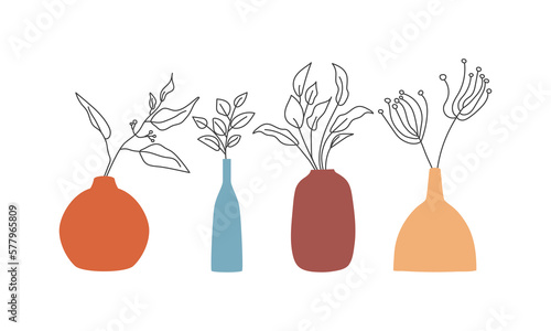 Vase set. Various forms of vases. Home interior decoration. Vector icon collection. Vases silhouettes of various shapes in thin line style. Vector illustration.