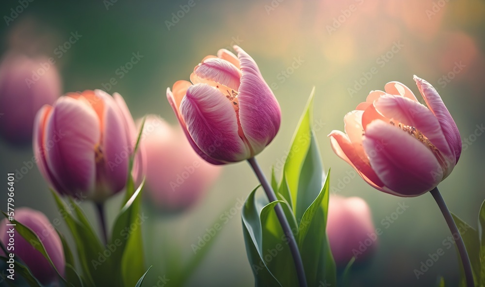  a group of pink tulips in a field of grass.  generative ai