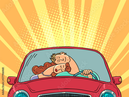 A man and a woman in love are driving together in a car. A married couple overcomes any obstacles together and moves towards a brighter future.